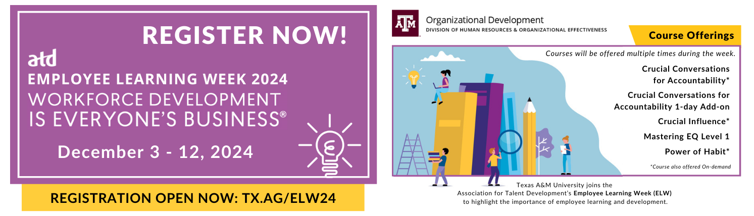 Employee Learning Week Save the Date 2024 image. Registration opens October 22nd. Click to visit ELW page for more information.